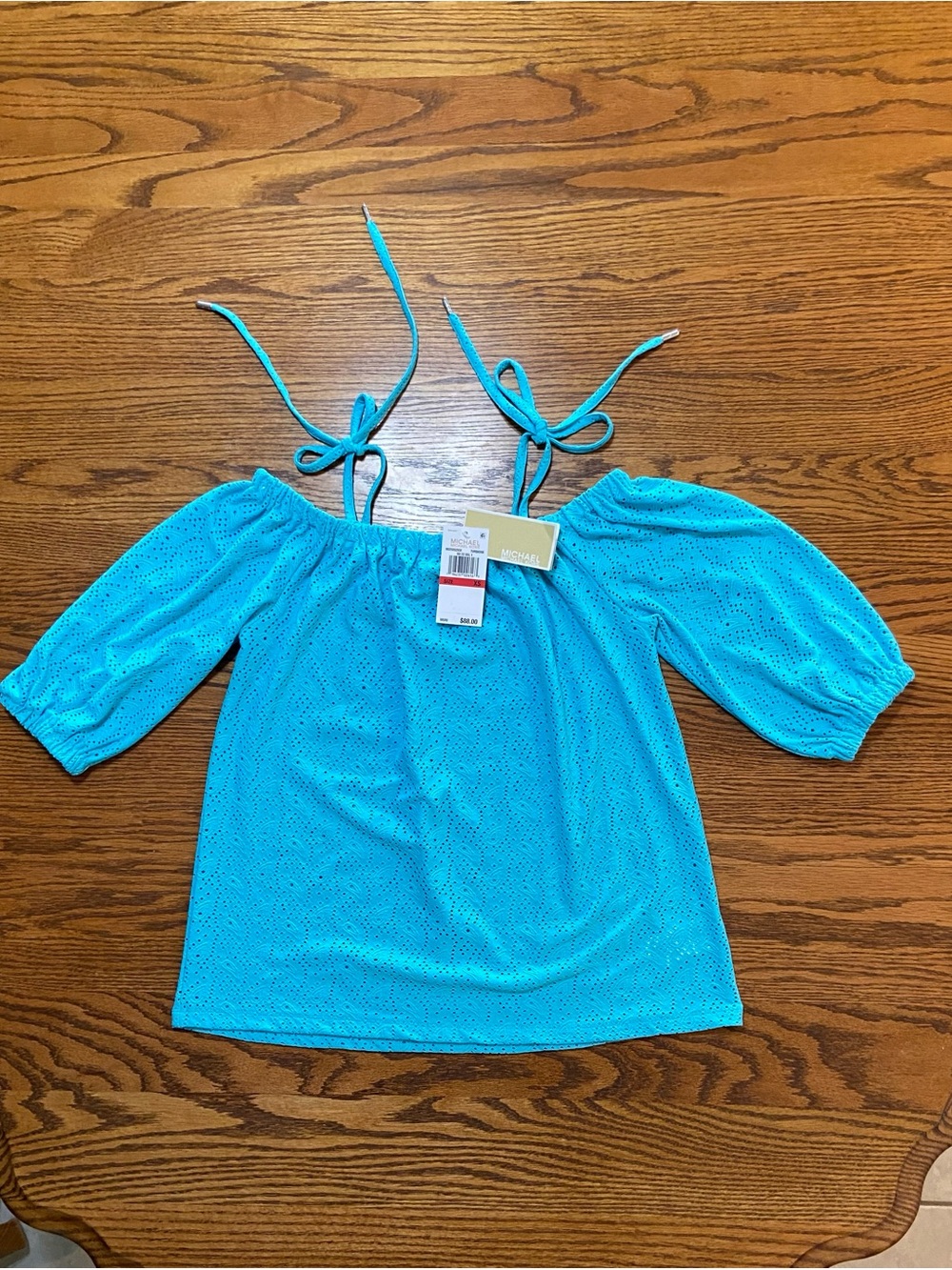 NWT Michael Kors Top SZ XS Turquoise Short Sleeve String Tie Straps